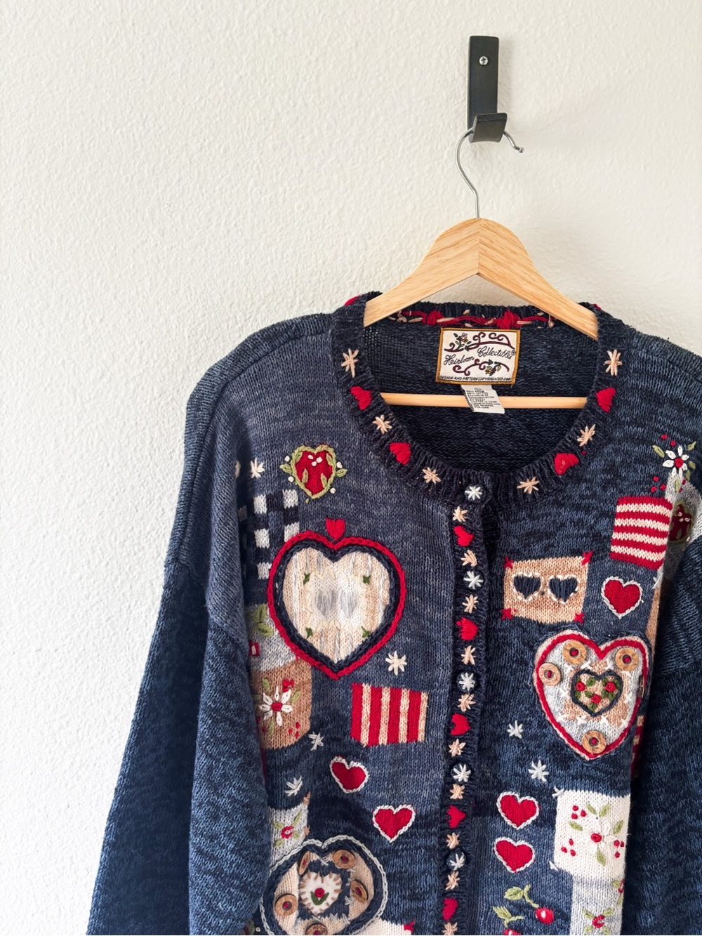Vintage-Inspired Navy Heart Patchwork Cardigan Sweater